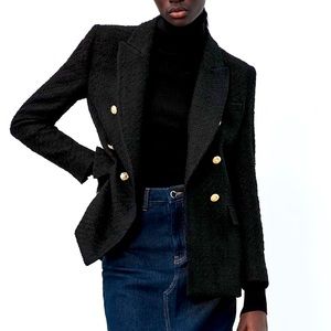 ZARA textured double breasted blazer black S